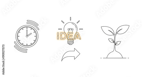 Time to Idea to Growth: Clock, Lightbulb with Idea Text, and Sprout Icons