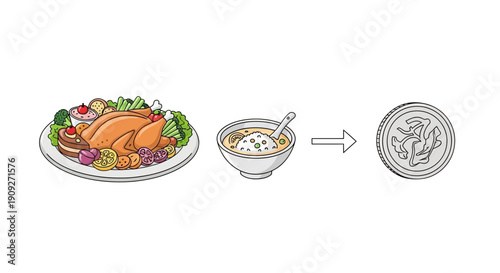 Thanksgiving Dinner Plate Transforms into Soup and Then into a Coin