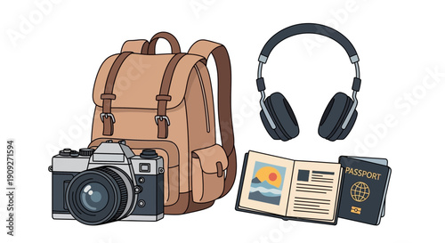 Travel Essentials: Backpack, Camera, Headphones, Passport, and Photo Album