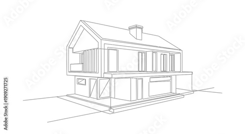 Modern house with geometric design, continuous line drawing perspective