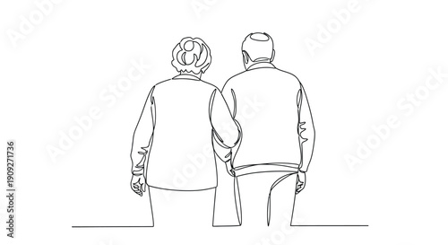Elderly couple holding hands, walking away, continuous line drawing
