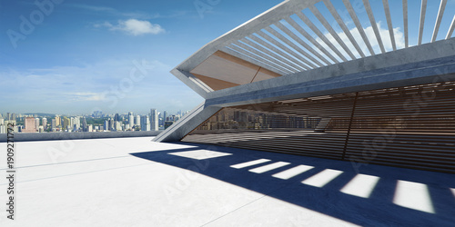 Quadro em tela 3d render modern building rooftop overlooking city skyline on sunny day