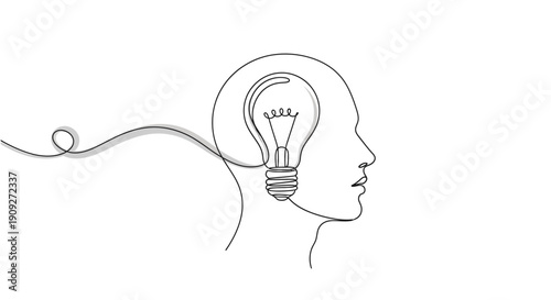 Human head profile with lightbulb idea, single line art