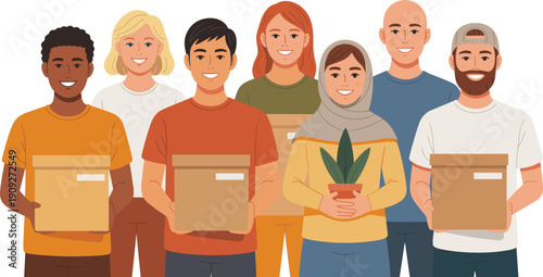 Diverse volunteers holding donation boxes illustration, community support teamwork, charity service, social help concept, multicultural people unity, modern flat vector