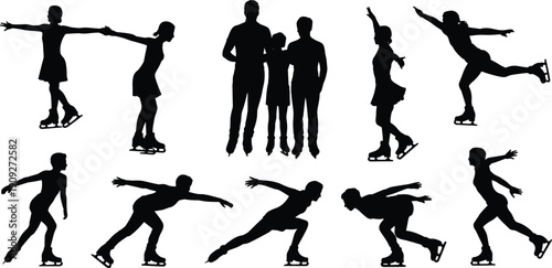 Ice skating silhouettes set featuring children and adults performing figure skating poses, gliding, and jumps isolated on white background for winter sports and activity design use