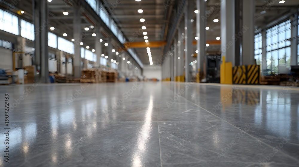 Fototapeta premium Low angle view of a vast clean industrial factory floor with polished concrete reflecting ceiling lights