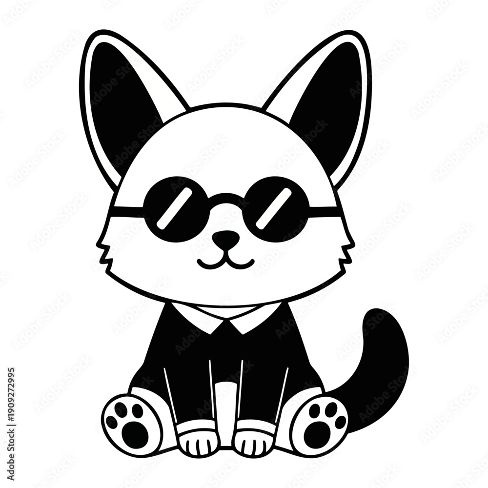 Obraz premium Cute kitten wearing sunglasses character line art illustration isolated on white.Adorable cat with glasses wearing a shirt vector icon for kids and pet design.