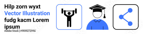 Education, fitness, networking, achievement, academic success, social sharing. Visual icons include weightlifting, a student with a graduation cap and connected dots. Education and fitness visual