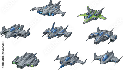 Futuristic spaceship fighter collection sci fi spacecraft aircraft illustration isolated on light background space technology exploration fantasy aviation design set