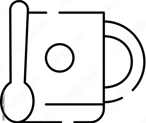 Outline drawing depicting a warm beverage mug with a handle and a stirring spoon, presenting a simple graphic element for morning rituals and breakfast concepts