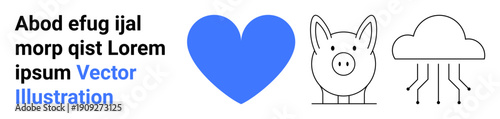 Technology, financial savings, love, cloud computing, conceptual symbols, modern communication. Blue heart, piggy bank icon and cloud with lines. Technology and financial savings concept