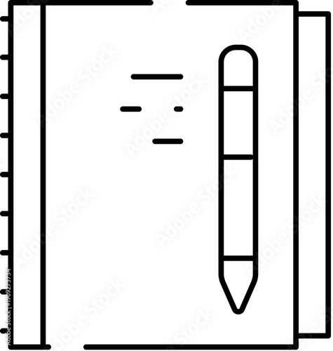 Open lined notebook with a vertical pen on its pages, symbolizing education, planning, creativity and note taking for study, work, journaling and organized daily routines