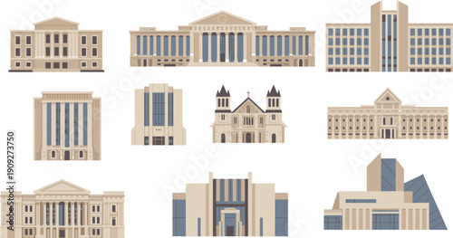 Institutional architecture buildings illustration set, classic museum university government facades collection, historic urban landmarks isolated, architectural heritage design concept