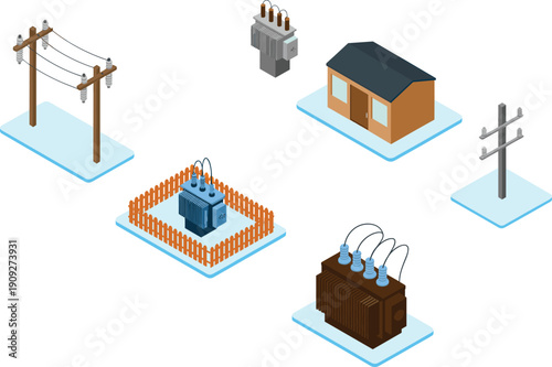 Isometric electric power distribution illustration, residential energy infrastructure elements, transformers utility poles, electricity supply network, grid components design, concept visualization
