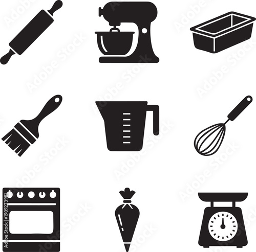 Professional Baker and Pastry Chef Tools Icon Set for Culinary Arts and Bakery Kitchen Equipment