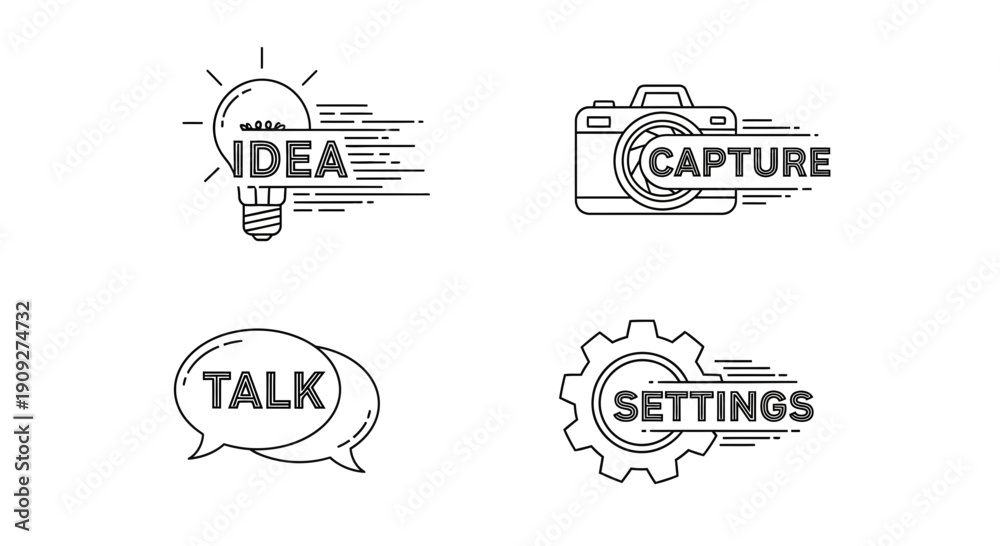 Obraz premium Set of four icons: light bulb with 'idea', camera with 'capture', speech bubbles with 'talk', gear with 'settings'