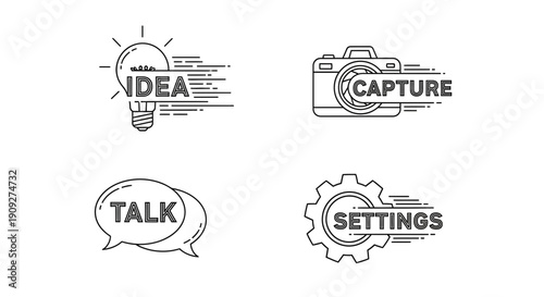 Set of four icons: light bulb with 'idea', camera with 'capture', speech bubbles with 'talk', gear with 'settings'