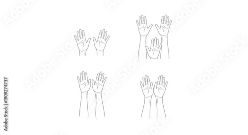 Set of four diverse hand gesture illustrations, showing open palms and raised hands, line art