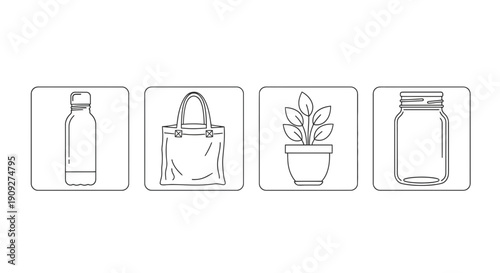 Set of four simple line art icons: bottle, tote bag, potted plant, and jar on white background