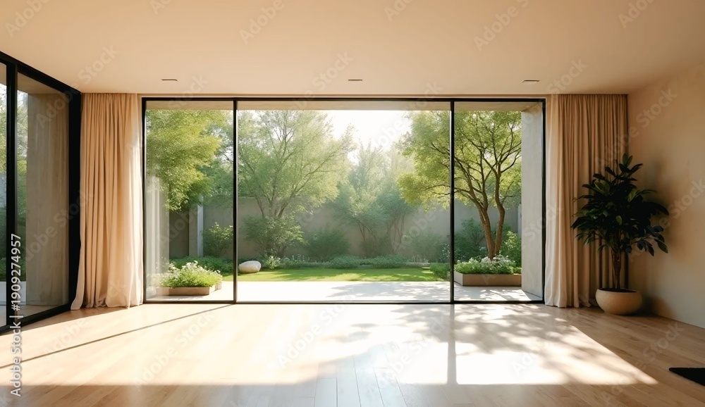 Fototapeta premium ​Empty modern minimalist living room with large panoramic windows: luxury interior design featuring natural light, wooden floors, and a view of a lush green garden.