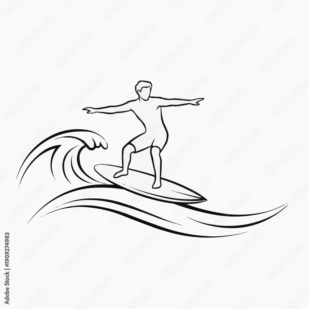 Fototapeta premium Male surfer riding a wave in minimalist line art style 