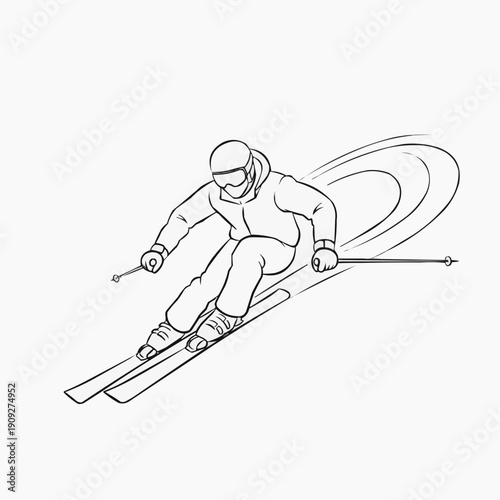 Skier carving down slopes in minimalist line art style  