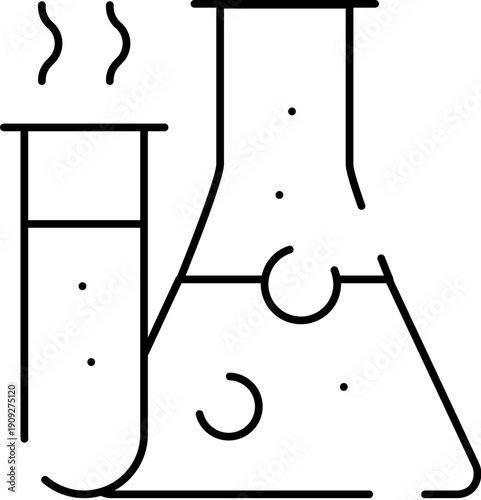 Scientific laboratory glass instruments forming an icon, visualizing ongoing chemical research, biological experiments, and educational concepts with a boiling test tube and a flask