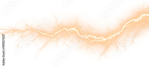 Fotografie Bright orange lightning arcs fork across clouds with electric energy