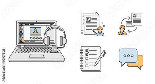 Online Job Interview and Recruitment Process Icons Set