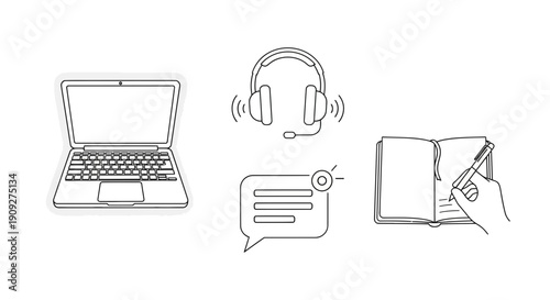 Online Learning and Communication: Laptop, Headphones, Chat Bubble, Notebook
