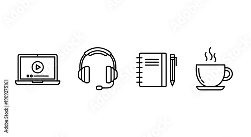 Online learning and remote work essentials: laptop, headphones, notebook, pen, and coffee cup icons