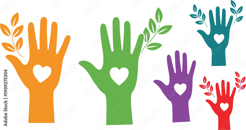 Fototapeta premium Colorful hand silhouettes with heart shapes and leaves, charity and community support icons, environmental care and volunteerism vector set
