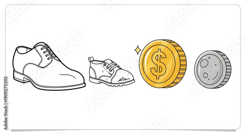 Pair of Shoes, Gold Coin, Silver Coin: Business, Finance, Fashion, and Money Concept