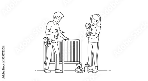 Parents assembling baby crib, new family preparing nursery, father using drill, mother holding infant