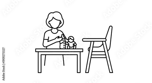 Parent feeding baby with bottle at table, high chair nearby, line art illustration