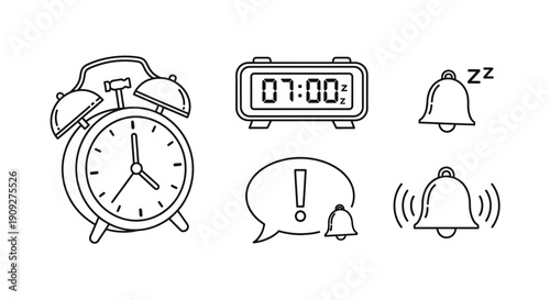 Alarm Clock Icons Set: Digital, Analog, Bell, Notification, Wake Up, Time