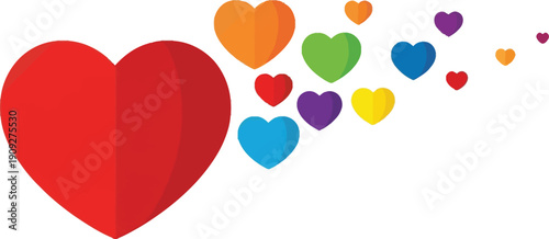 Vibrant colorful hearts floating away from large red heart
