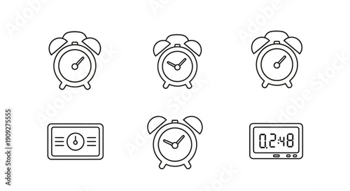 Alarm Clock Icons Set: Vintage and Digital Timekeeping Symbols