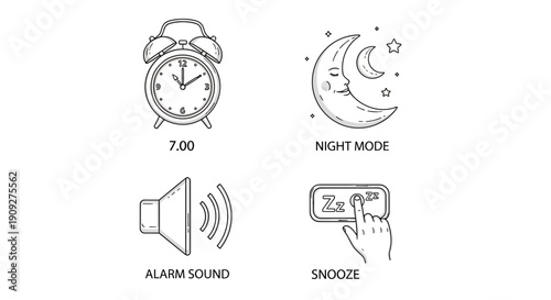 Alarm Clock Icons: Time, Night Mode, Sound, Snooze - Vector Illustration