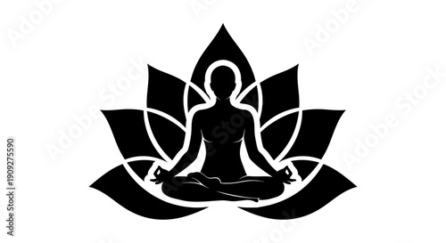 A person in lotus position meditating surrounded by lotus flowers in a serene environment viewed from the front