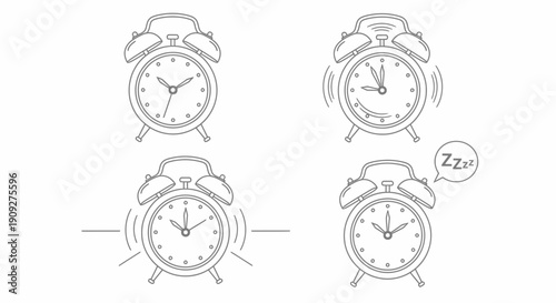 Alarm Clock Set to Wake Up, Ringing, Vibrating, and Sleeping Icons