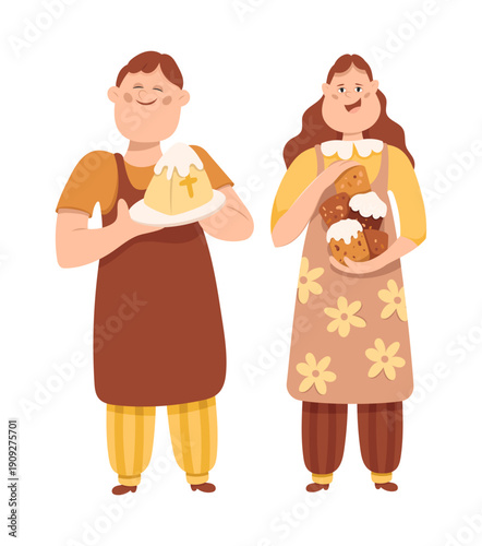 Couple of woman and man in apron and aprons holding easter cakes christianeaster illustration