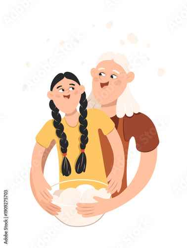 Grandmother and granddaughter cooking together christianeaster illustration in cartoon style