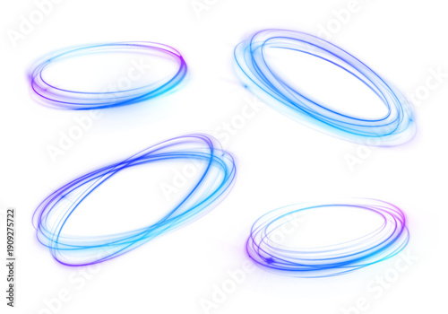Blue neon lights illuminate a futuristic night scene with sparkling particles. The glowing ring forms a portal full of mystery and power. Perfect for game or film design backgrounds.