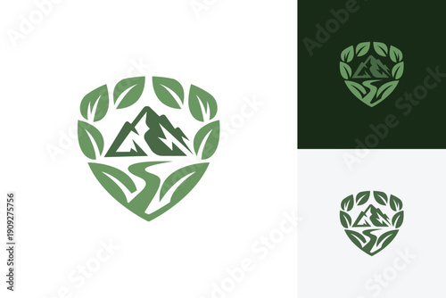 Shield Leaf with Mountain River Logo Icon Design. Abstract Nature Environment Concept Symbol for Agriculture Farm, Eco Protection, Outdoor Landscape symbol