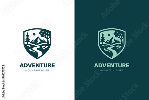 Shield Mountaingraphic, River Adventure Logo Icon Design. Abstract Outdoor Landscape Concept Symbol for Camping Travel, Hiking Trip, Nature Park, and Wilderness Identity