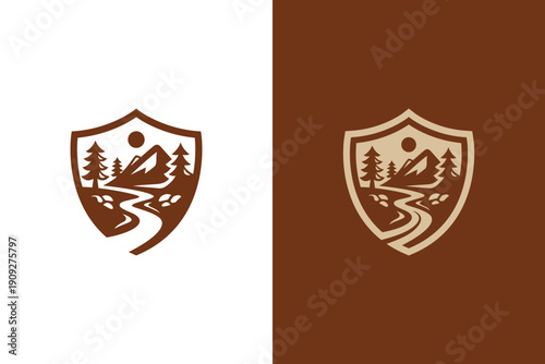 Shield Mountain with River Pine Logo Icon Design. Abstract Outdoor Nature Concept Symbol for Camping Brand, Hiking Club, Wilderness Park, and Adventure Identity