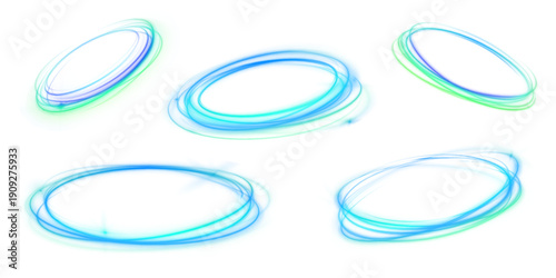 Light blue elliptical rings swirl in smooth, dynamic motion. Abstract neon trails create a fantasy energy effect. Ideal for digital art and vibrant backgrounds.