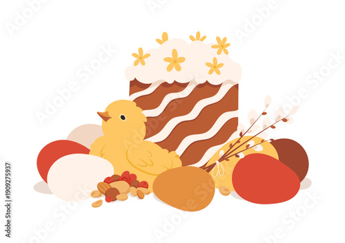 happy easter eggs with cake and chick christianeaster illustration