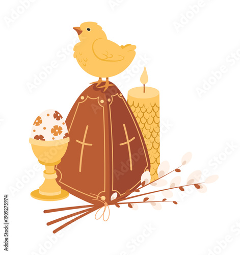 Christianeaster card with chicken kulich eggs and willow cute cartoon illustration